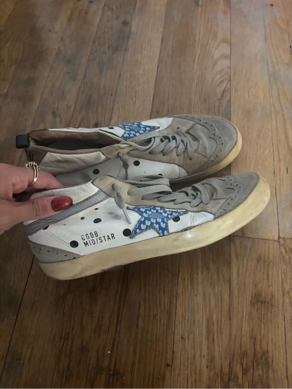 Golden Goose Mid Star Sneakers - White, Gray & Blue Floral Star